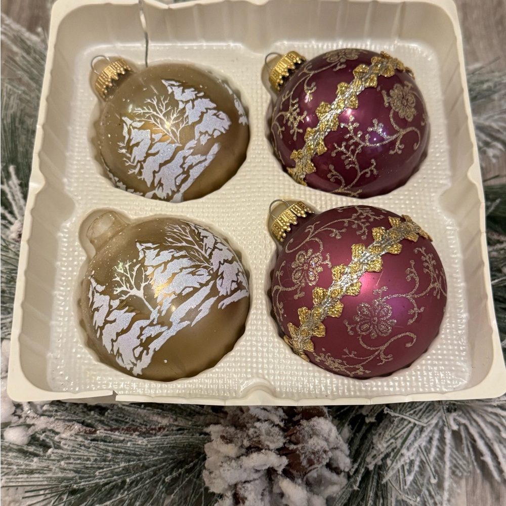 Vintage Christmas By Krebs 8 - Purple Gold Glass Ornaments W/Glitter & Ribbon - Picture 5 of 11